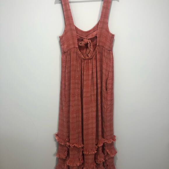 Free People Lily Anne Maxi Dress Plaid Ruffle Hem BackTie Rose Terracotta M - Picture 8 of 15